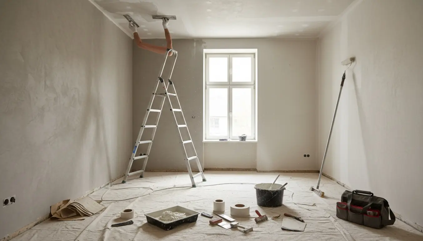 Rene, tomme værelser under renovering med malerværktøj, spartlede vægge og en stige op til 4 m loft.