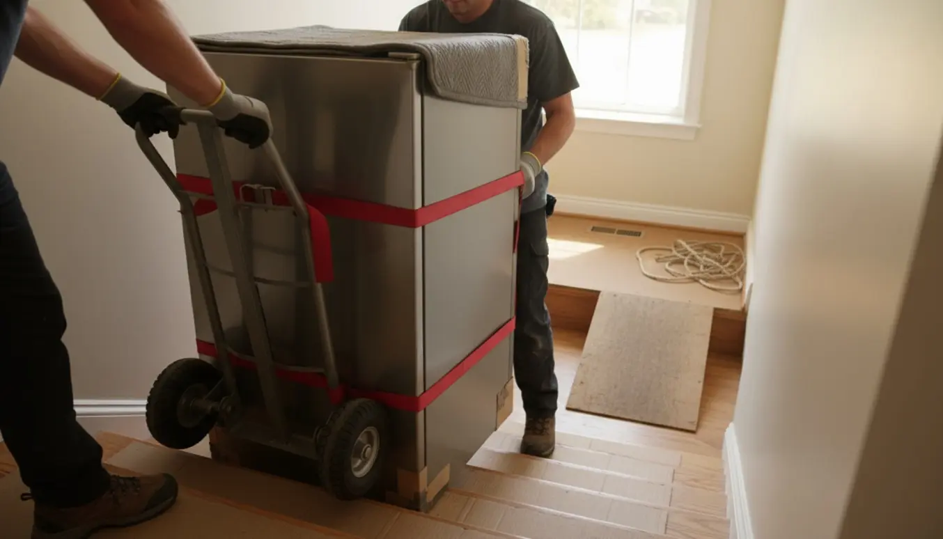 Flyttefolk løfter et køleskab op ad en indendørs trappe til anden sal med sækkevogn og beskyttelse.