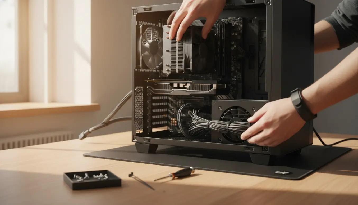 Tæt fotografi af åbent PC-kabinet hvor hænder installerer et nyt grafikkort og tilslutter en ny strømforsyning.