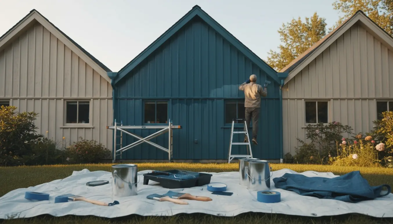 Hus med tre gavle, maler redskaber og en maler på stige der maler sternbrædderne, før- og efter-kontrast.