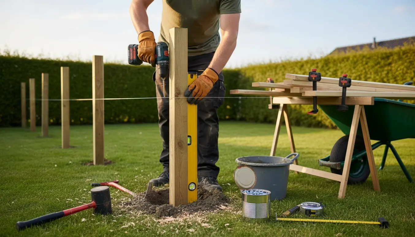 Reparation og opsætning af raftehegn med ny stolpe, rafter og værktøj i en have.