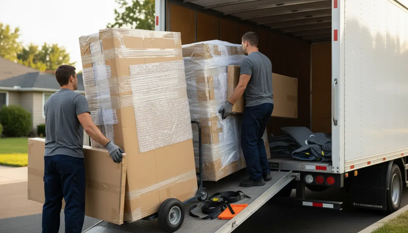 Sengegavl, stor indpakket seng og bordplade i original emballage læsses på en flyttevogn.