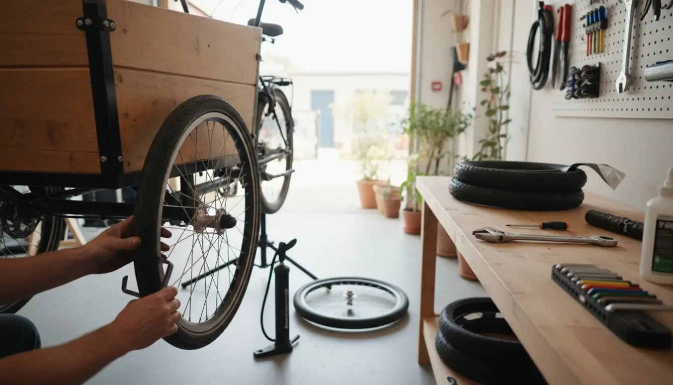 Christiania cykel på værkstedsstativ får tre nye dæk og slanger, mens hænder justerer bremser og gear med værktøj.