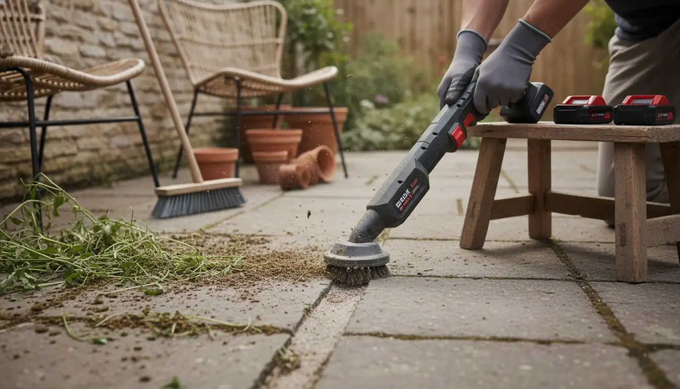 Hænder renser ukrudt fra fuger mellem havefliser med en batteridrevet fugeflise-renser, med kost og flyttede krukker i baggrunden.