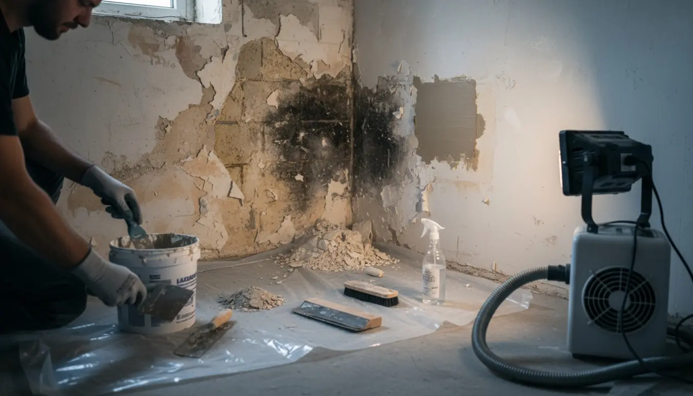 Kælderhjørne med skimmel og en håndværker i beskyttelsesudstyr, der skraber løs puds og forbereder spartling.