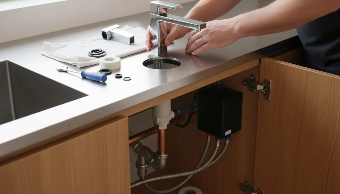 Nærbillede af hænder, der installerer et firkantet køkkenarmatur i en ny 4 mm stålbordplade med Cube-tank synlig under vasken.