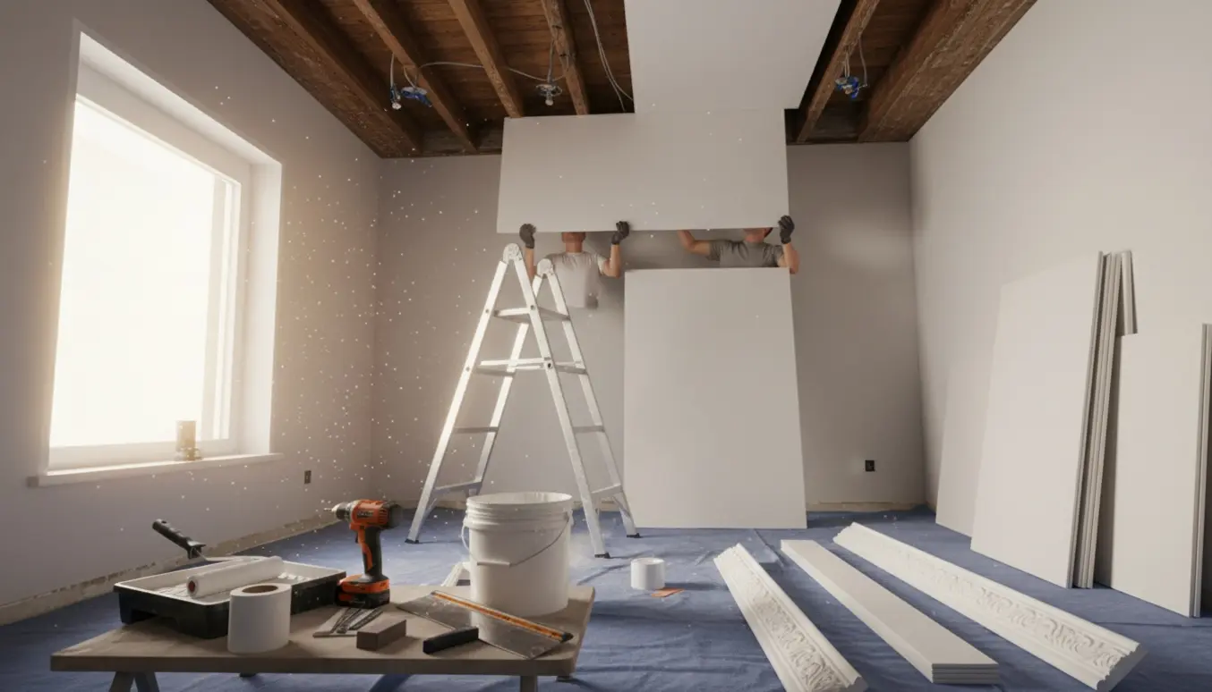 Et lille værelse under renovering med delvist fjernet træloft og montering af nyt gipsloft, værktøj og stuklister i forgrunden.