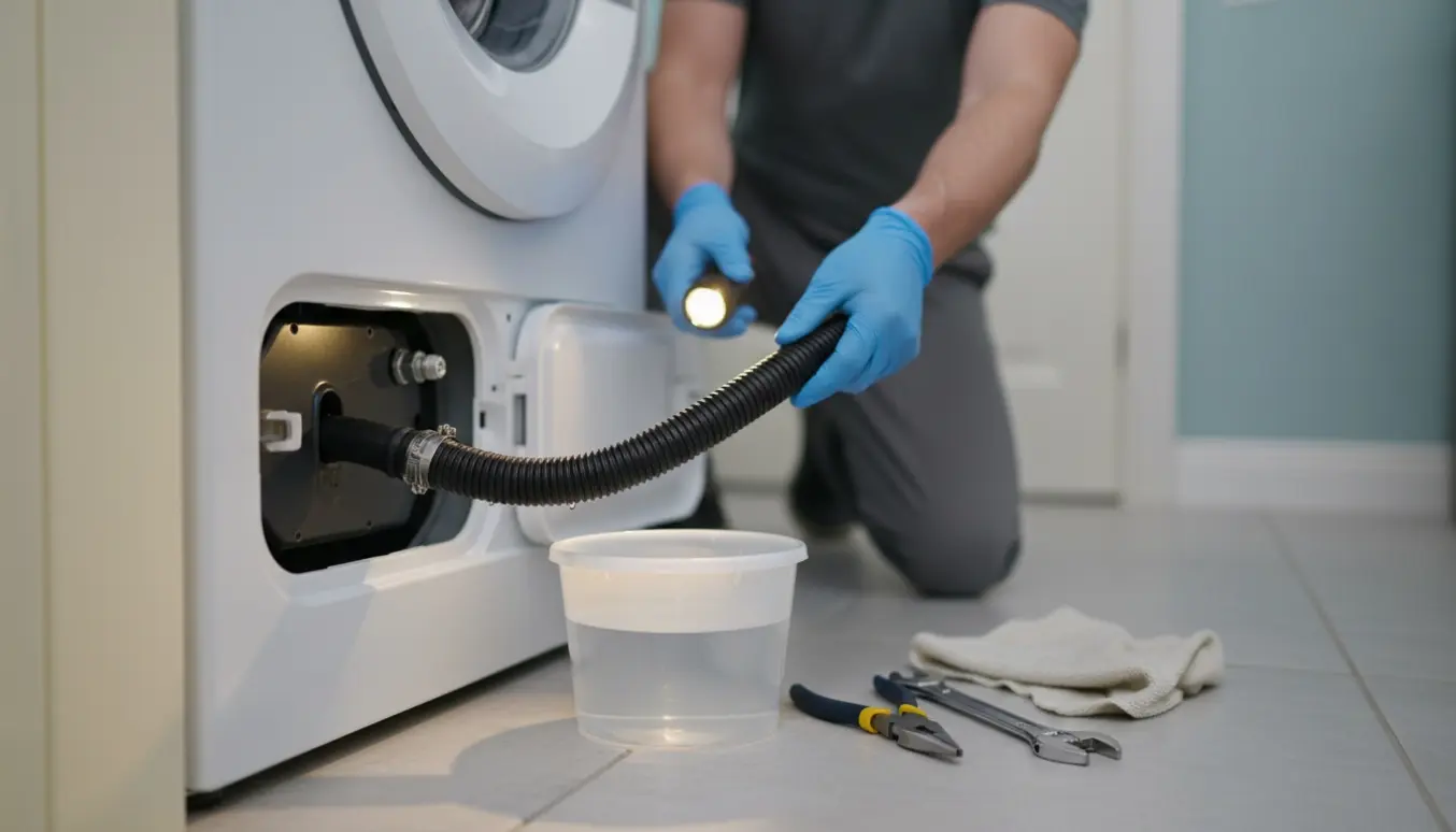Hænder inspicerer og retter en tilstoppet afløbsslange på en trukket vaskemaskine med værktøj og spand på flisegulv.