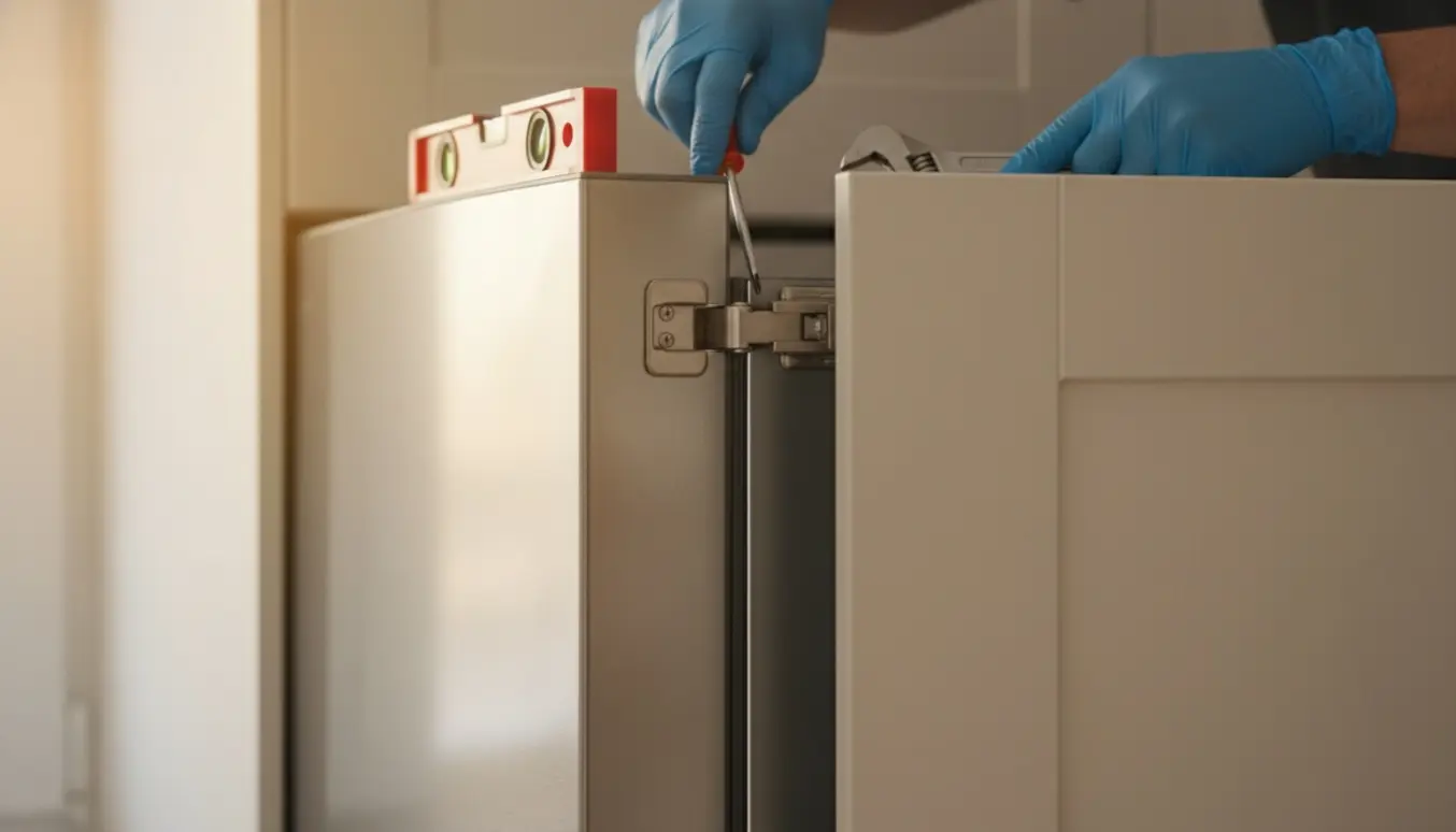 Hænder justerer hængslet på et integreret køleskab med skruetrækker, så døren kan lukke tæt.