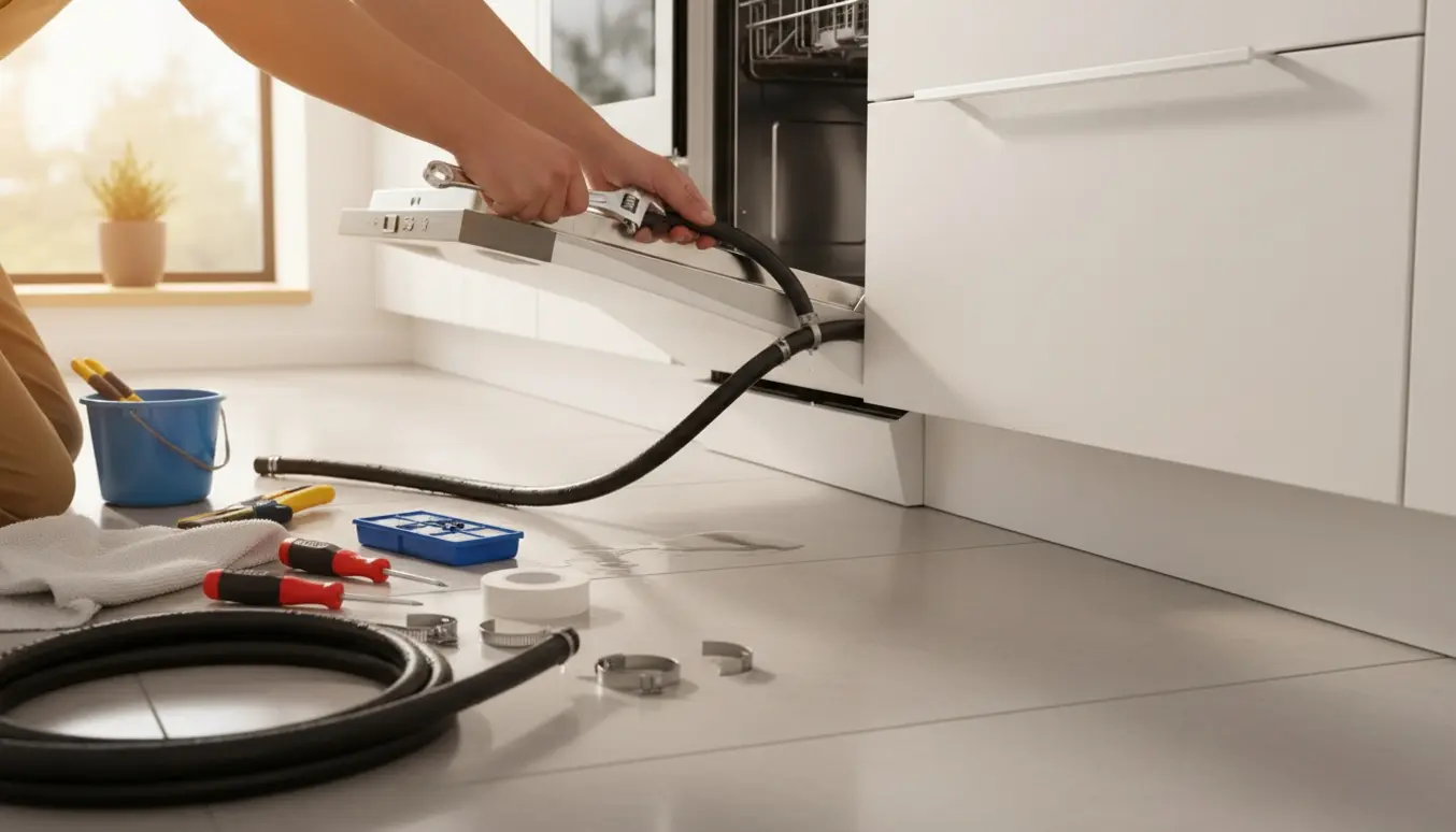 Hænder udskifter en utæt afløbsslange på en opvaskemaskine med værktøj og reservedele i et lyst køkken.
