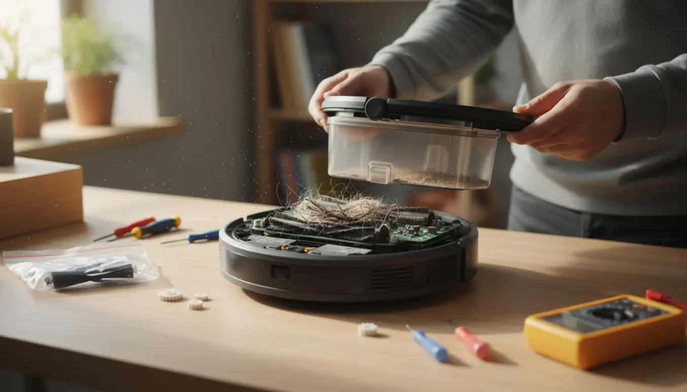 Åben robotstøvsuger på et arbejdsbord med værktøj og reservedele til fejlfinding.
