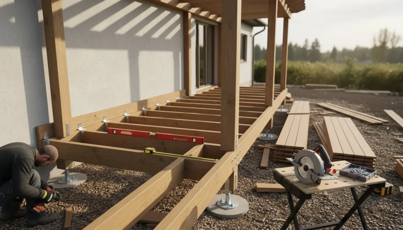 Rammekonstruktion til træterrasse ved hus under pergola med værktøj i forgrunden.