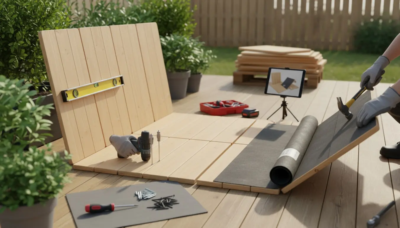 Delvist samlet trælegehus på en lille terrasse med værktøj og tagpap klar til montering.