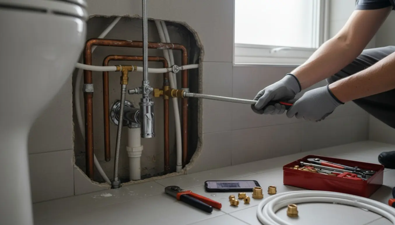 Nærbillede af badeværelse med blottede bruse- og toiletrør under udskiftning og VVS-værktøj på fliserne.