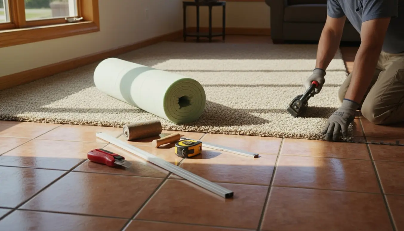 Installatører lægger væg-til-væg tæppe over klinkegulv i stue med værktøj tæt på.