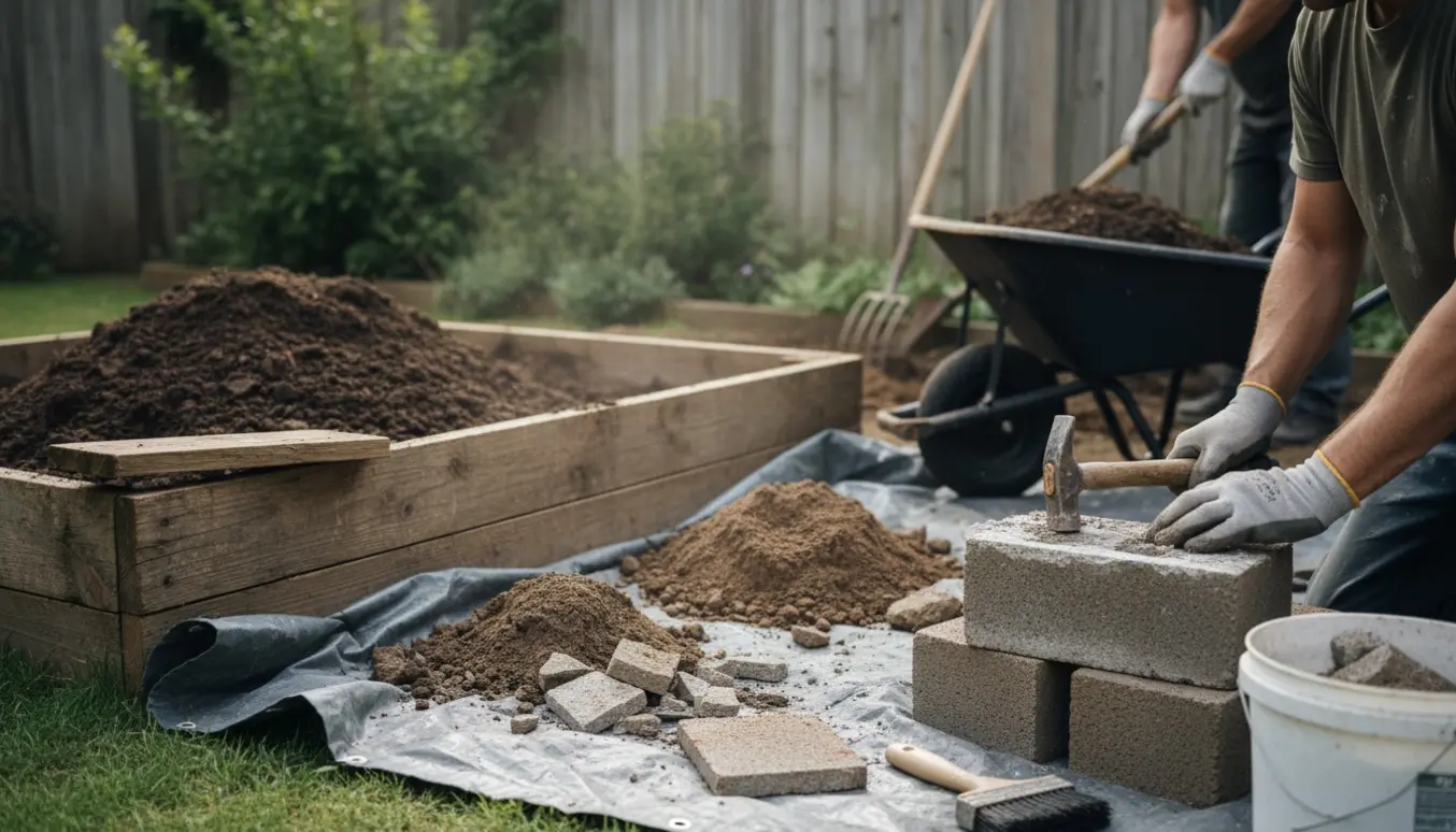 Halvt nedtaget højbede i en baghave med jord i trillebør og betonblokke, der renses for flisemørtel.