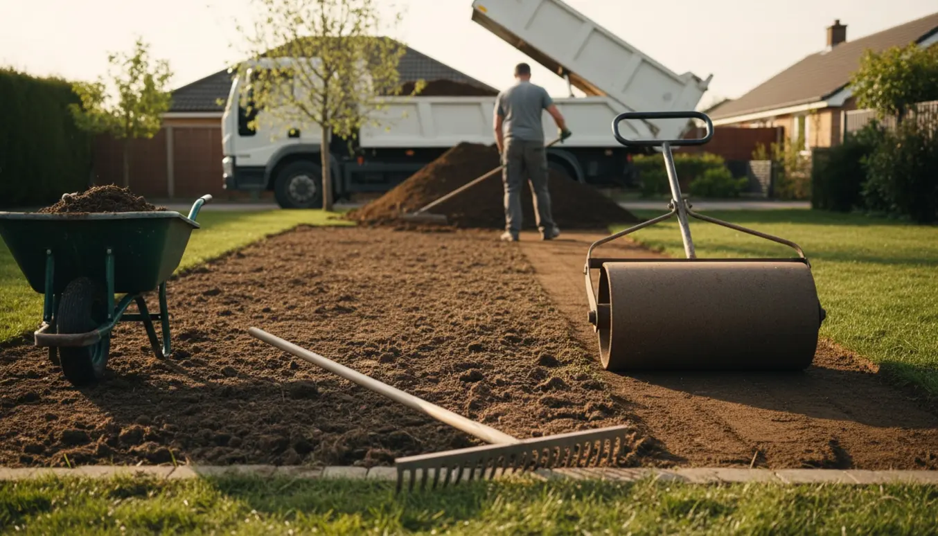 Haveområde med bunke jord, rive og tromle, hvor jord fordeles og gøres klar til rullegræs.