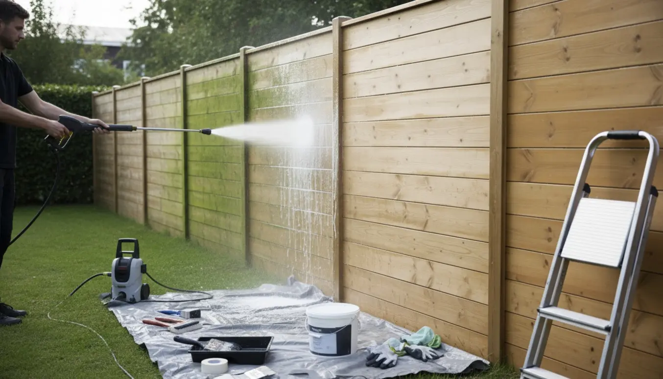 En person renser og maler et træhegn med højtryksrenser og malerrulle, med tydelig før-og-efter-effekt.