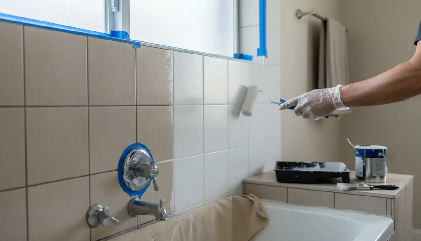 Hænder maler badeværelsesfliser med rulle, den ene side nyhvid, den anden ubehandlet.