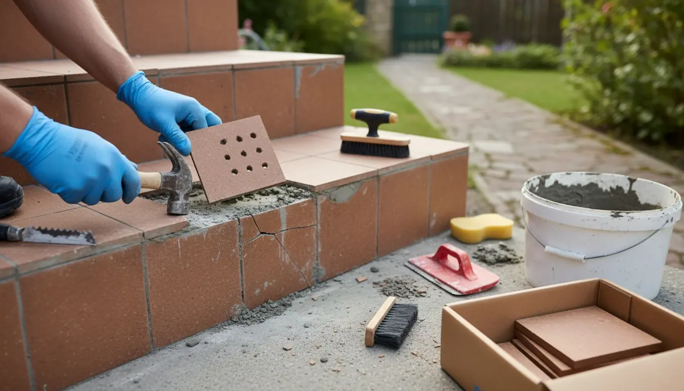 Udendørs betontrappe med en revnet klinke og hænder, der fjerner gammel fuge og forbereder reparation.
