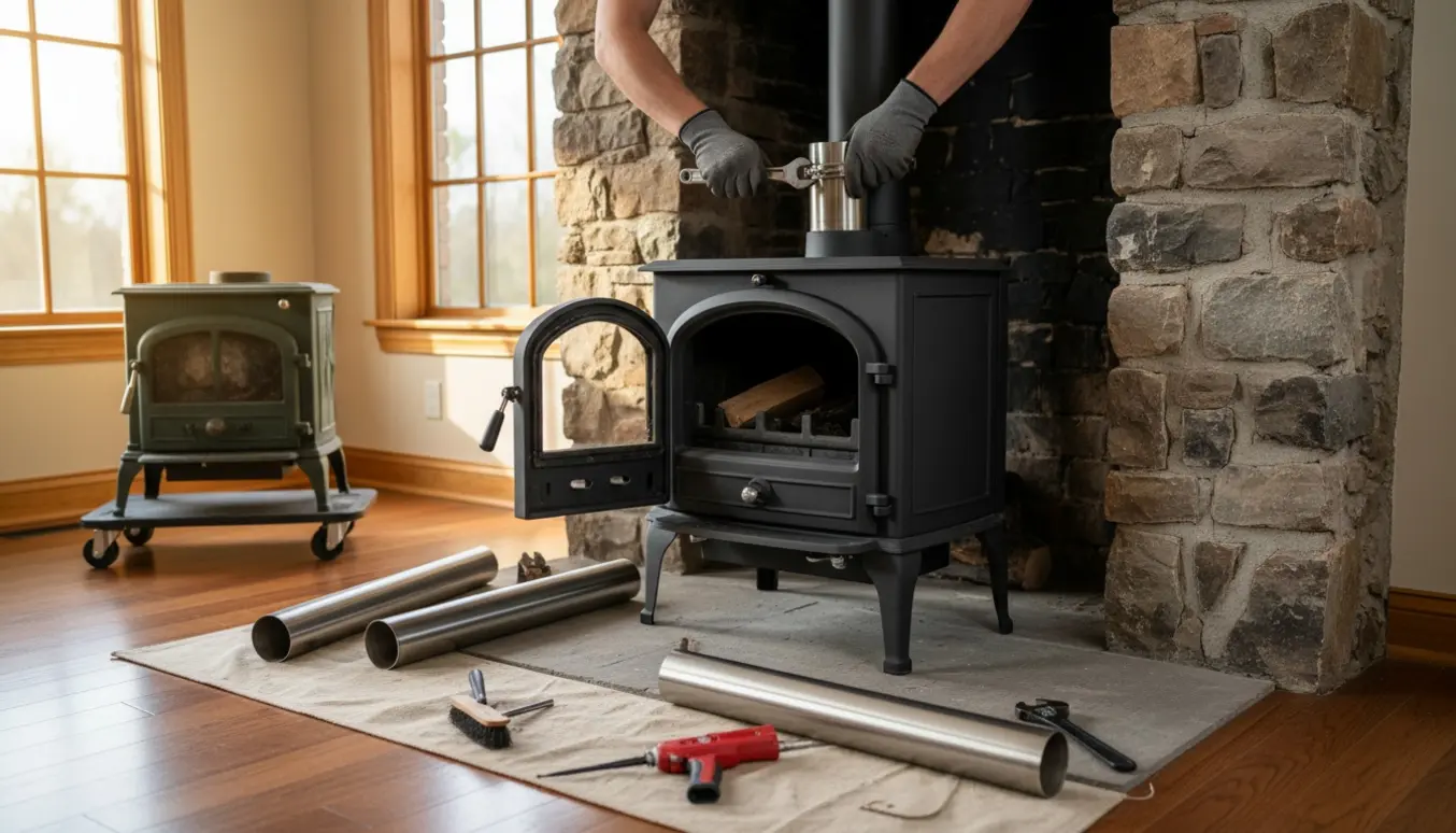 Installatør i handsker monterer en ny brændeovn og tilpasser røgrøret til den eksisterende skorsten, mens den gamle ovn står klar på en dolly.