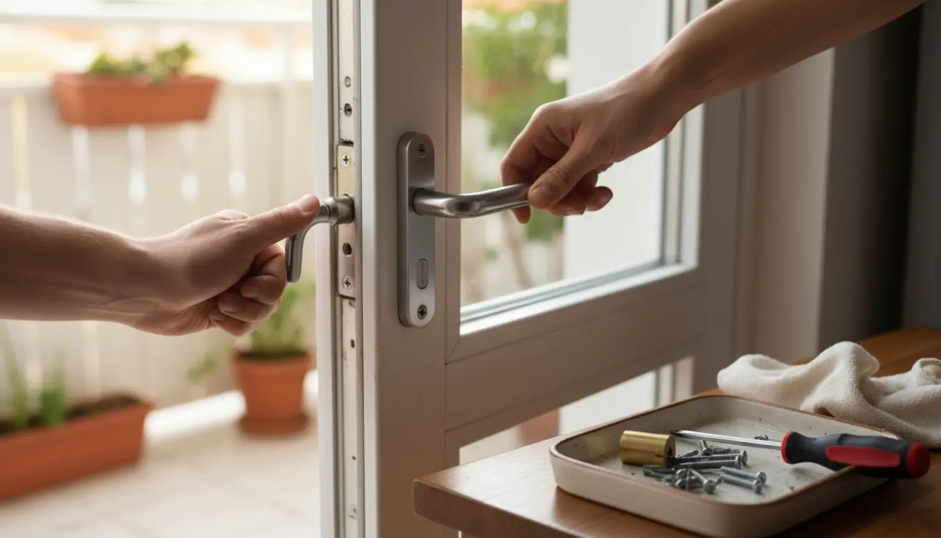 Nærbillede af altandør med nyt håndtag og synligt værktøj, hvor låsemekanismen ikke lukker korrekt.