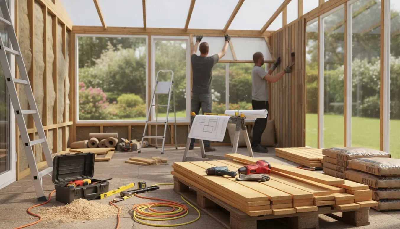 Flere håndværkere demonterer en utæt udestue og forbereder genopbygning med materialer og værktøj i naturligt dagslys.