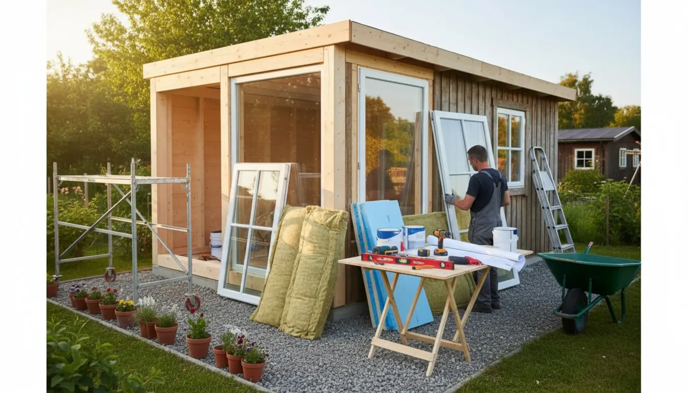 Kolonihavehus med tilbygning under opbygning, nye vinduer, isolering og værktøj i haven.