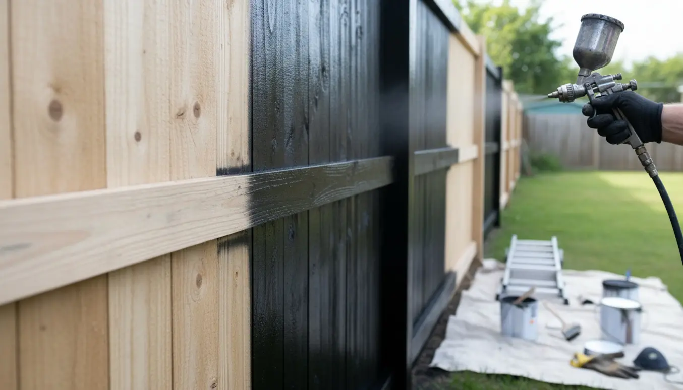 Nærbillede af en hånd, der sprøjtemaler et træplankeværk sort, med frisk sort træbeskyttelse og ubrugt lyst træ ved siden af.