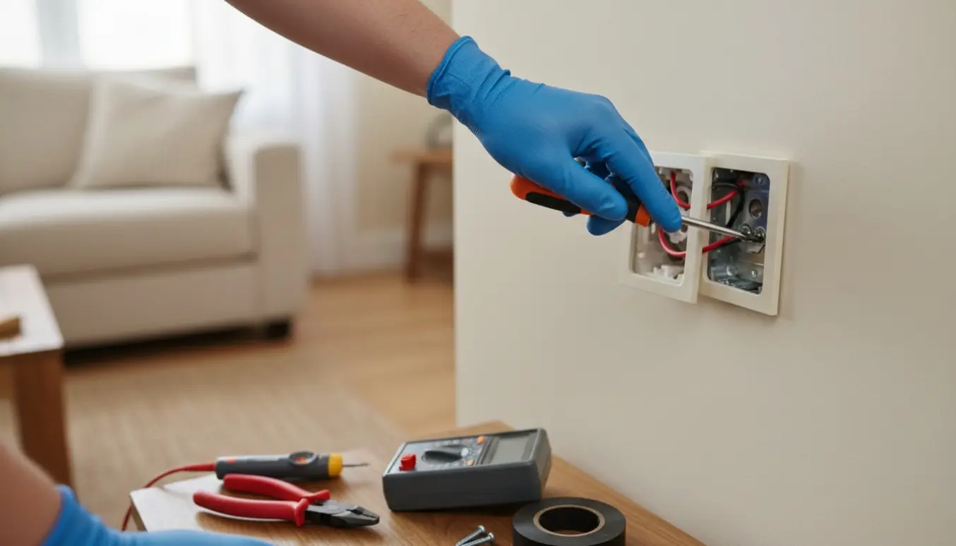 Hænder reparerer en afmonteret stikkontakt med skruetrækker og måleinstrumenter i en stue.