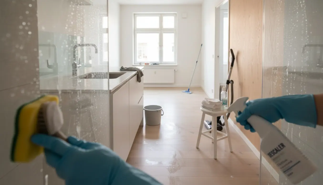 Handskenklædte hænder afkalker en brusekabine i en lys skandinavisk lejlighed under flytterengøring.