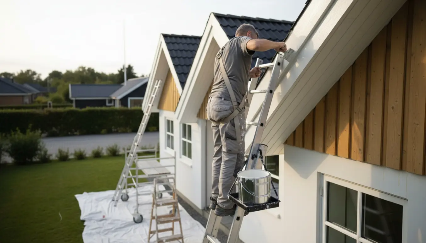 Lang stige op ad en gavl mens en maler maler udhæng og sternbrædder med åben malerbøtte og afdækning.