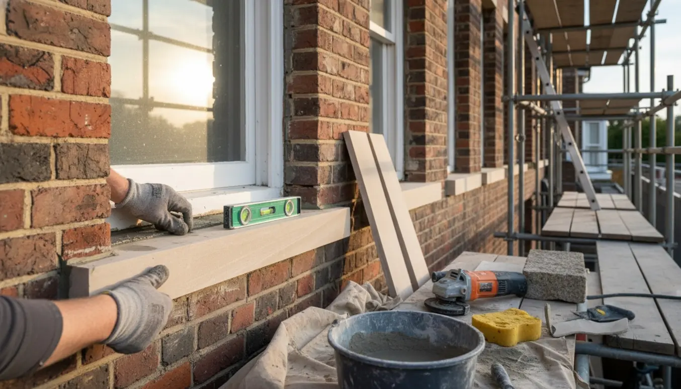 Hænder tilpasser og monterer nye stenplader på facadevinduer ved en karnap.