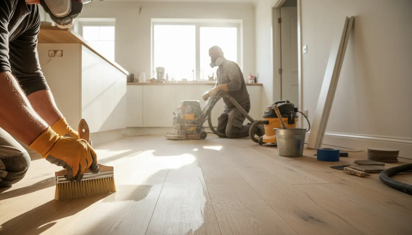 Hænder på en pensel på et nyligt slebet gulv i køkken, klar til ludbehandling.