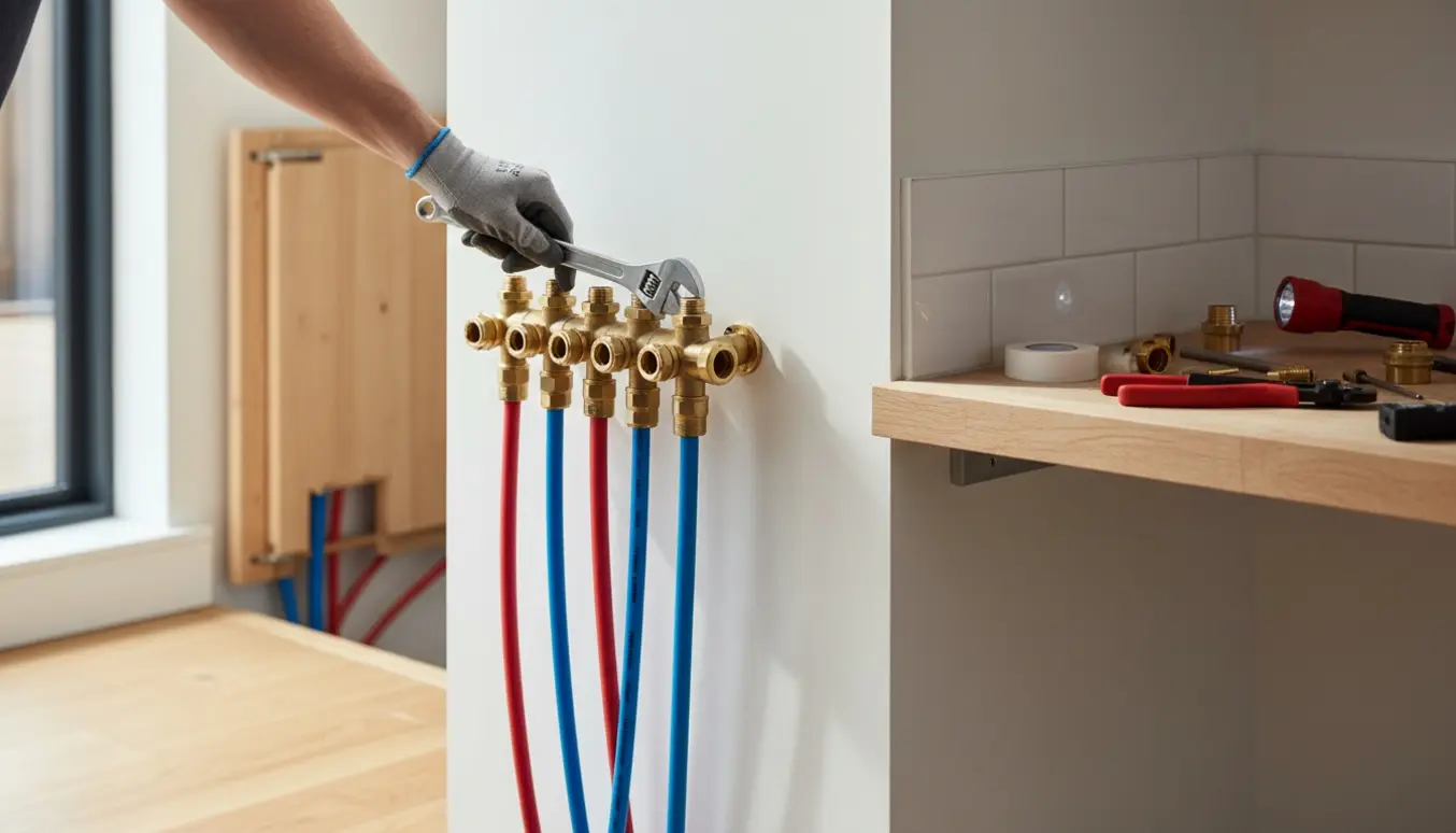 Installatørs hænder monterer en 6-kreds gulvvarmefordeler og tilslutter rør i et lyst teknikrum.