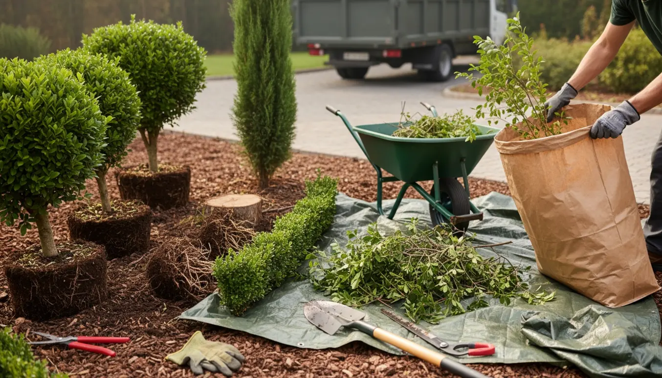 Fjernede buksbom, en cypres og en træstub ved en trillebør og haveredskaber klar til bortskaffelse.