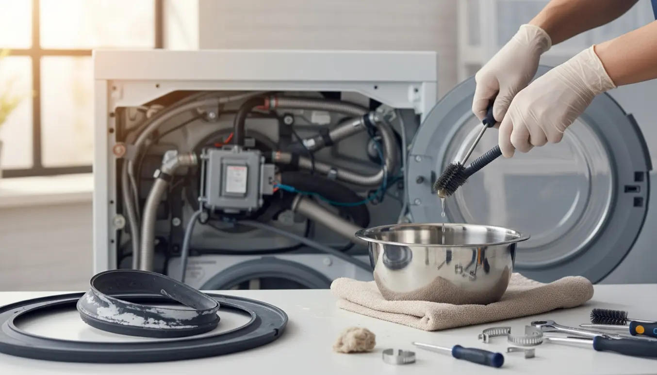En tekniker renser afløbsslangen og pumpen på en Blomberg-vaskemaskine med værktøj og en skål med snavset vand.