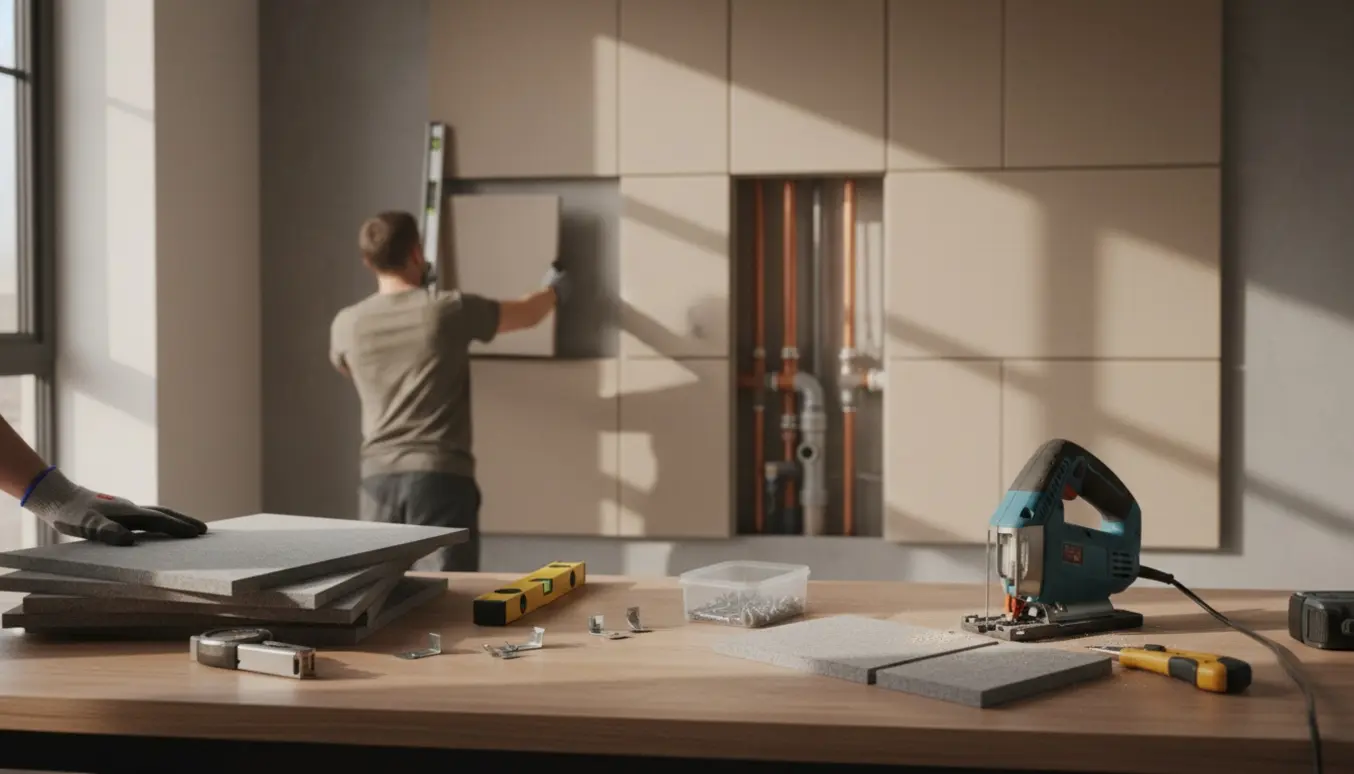 Akustikplader måles, skæres og monteres på en væg med en åben rørskakt.