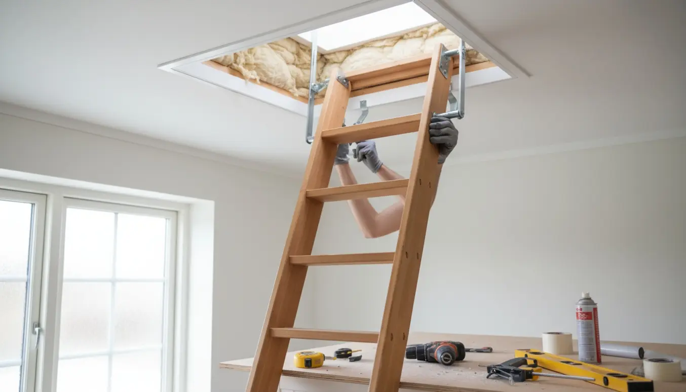 Delvist monteret isoleret loftlem med udfoldet lofttrappe i et lyst bryggers, omgivet af værktøj og isolering.