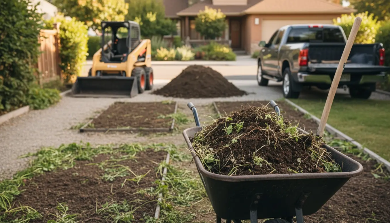 Motoriseret trillebør fyldt med ukrudtsfyldt havejord fra fire højbede, bobcat ved indgangen og en bil venter på vejen.