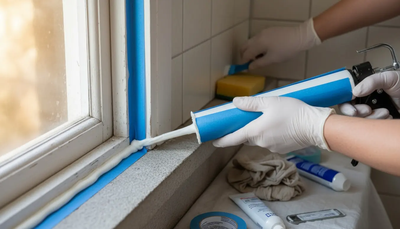 Hænder fuge en udvendig vindueskarm og glatter en ny fuge i et badeværelseshjørne.