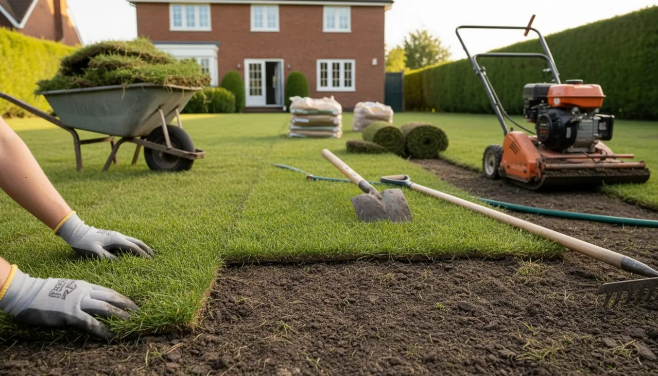 Frisk rullegræs lægges ud i en nyligt forberedt baghave med mørk jord og haveredskaber omkring.