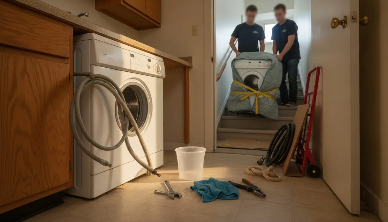 Vaskemaskine delvist trukket ud i et køkken med værktøj og flyttemænd, der ruller den ned ad en trappe uden elevator.