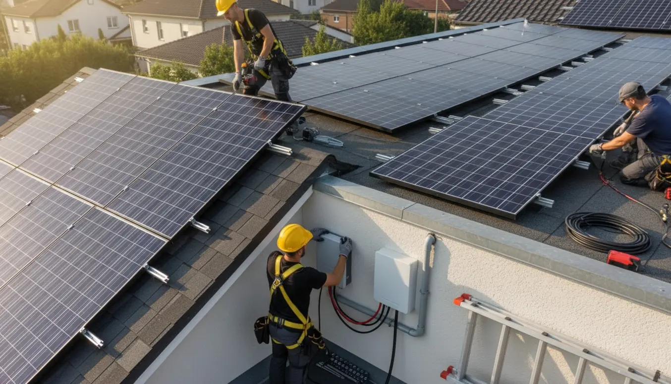 Solpaneler monteres på skrå- og fladt tag, mens en inverter og batteri tilsluttes.