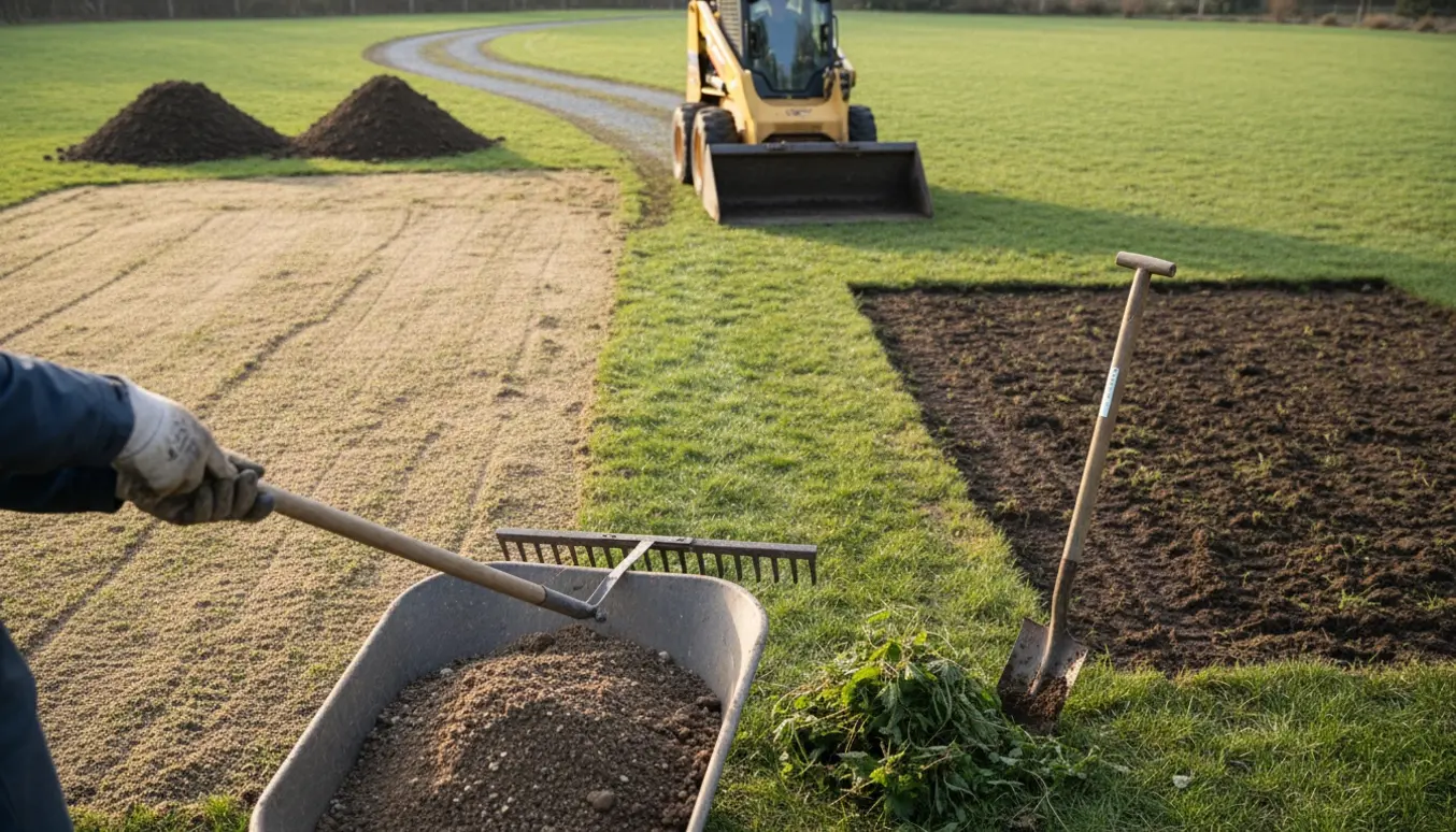 Bobcat og haveredskaber planerer og topdresser en ujævn græsplæne, mens jordbunker fjernes.