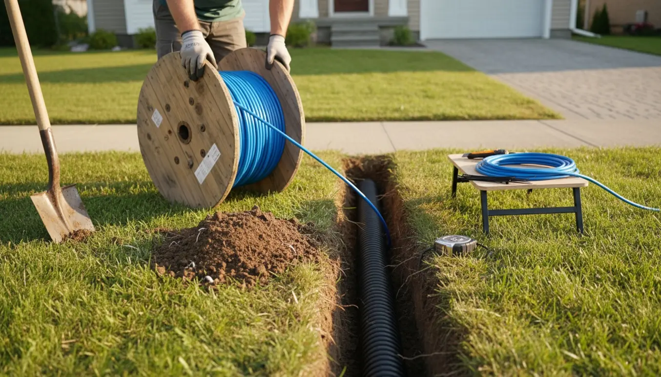 Et handskeklædt par hænder fører et udendørs internetkabel ned i en frisk grav i en forstadshave.