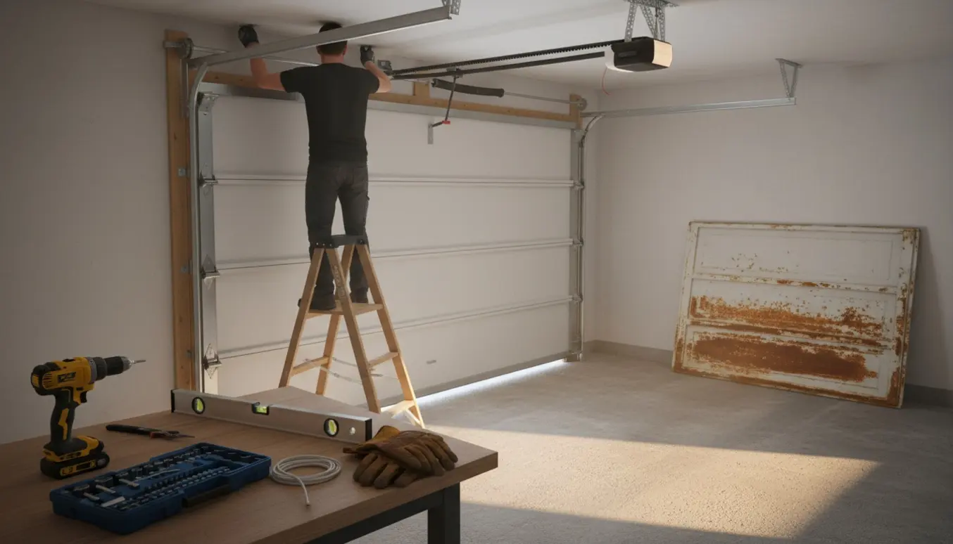 Montør installerer elektrisk ladehejseport i garage med nye portpaneler og værktøj.