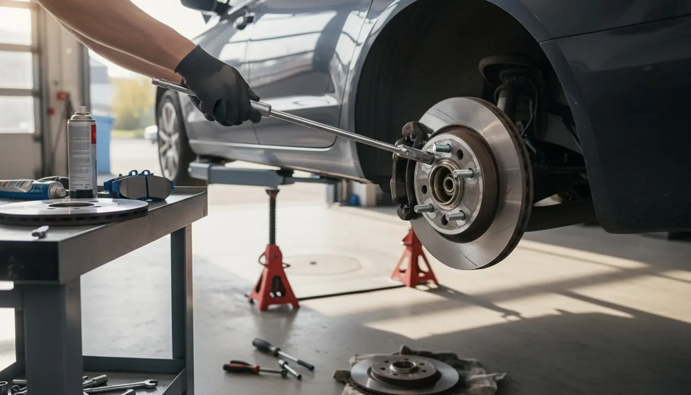 Udskiftning af bagbremser på en hævet bil med nye skiver og klodser klar på værkstedet.