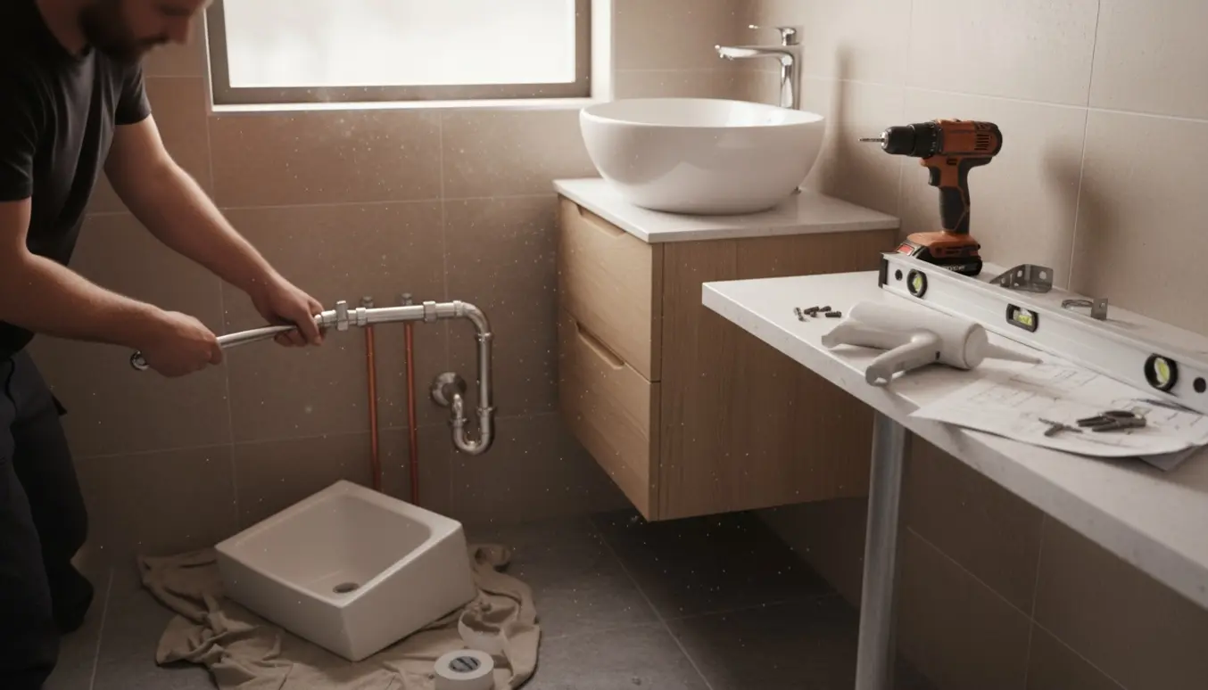 Autoriseret VVS'er installerer ny vask og væghængt skab i et lyst flisebadeværelse.