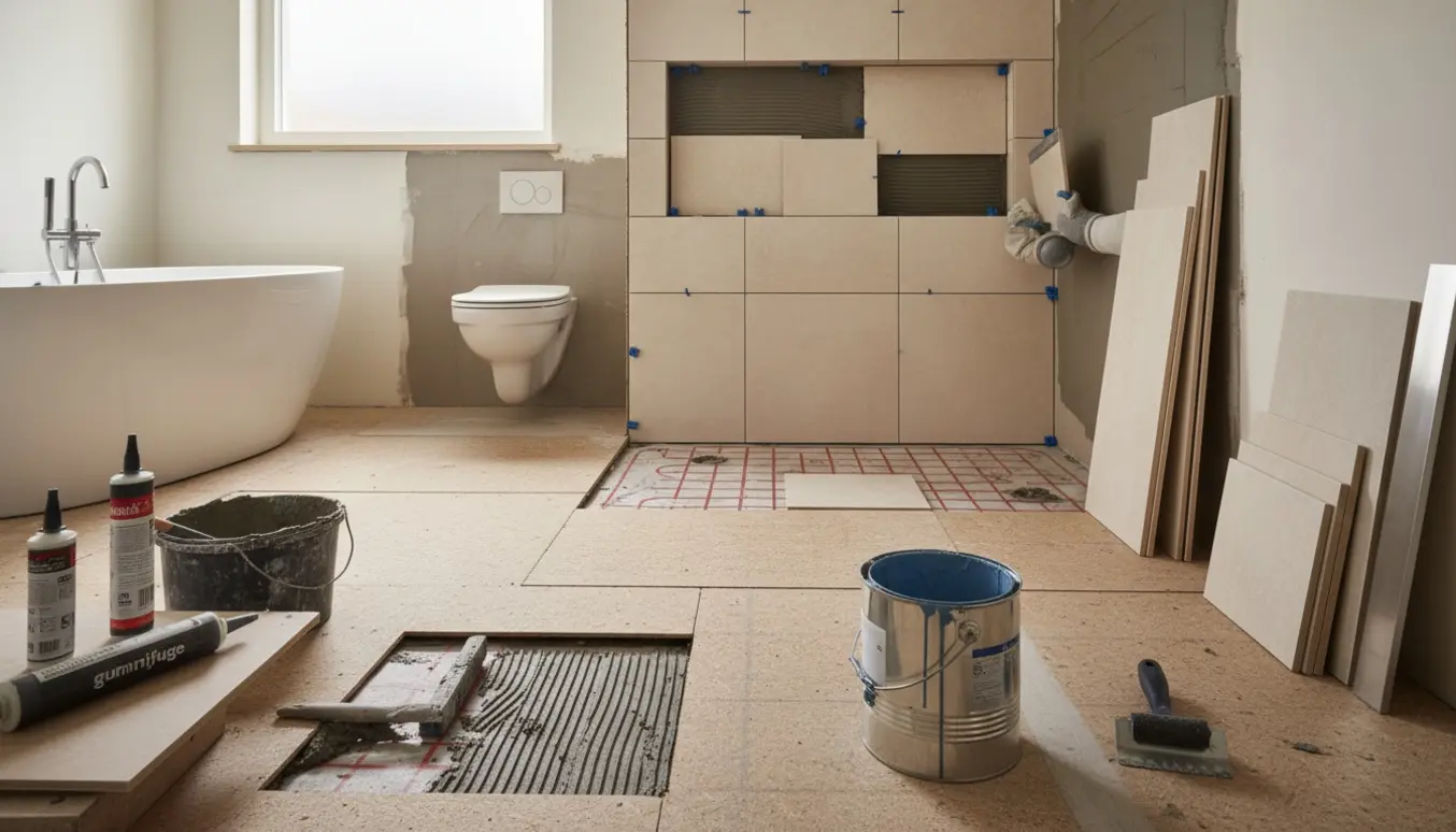 Badeværelse under renovering med vådrumssikring, gulvvarmeplader og fliser klar til lægning.
